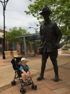 Hugo Throssell statue in Northam in 2018, with my then toddler son, Thomas. 
